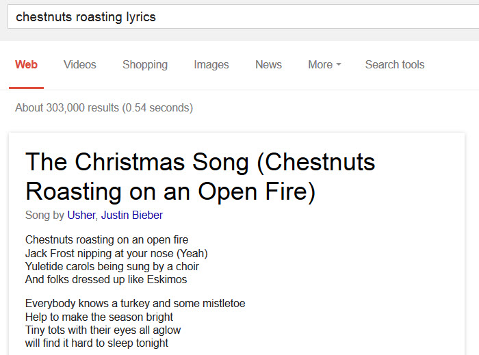 Interesting that it tells us "Song by Usher, Justin Bieber" and that those link to search results pages for each