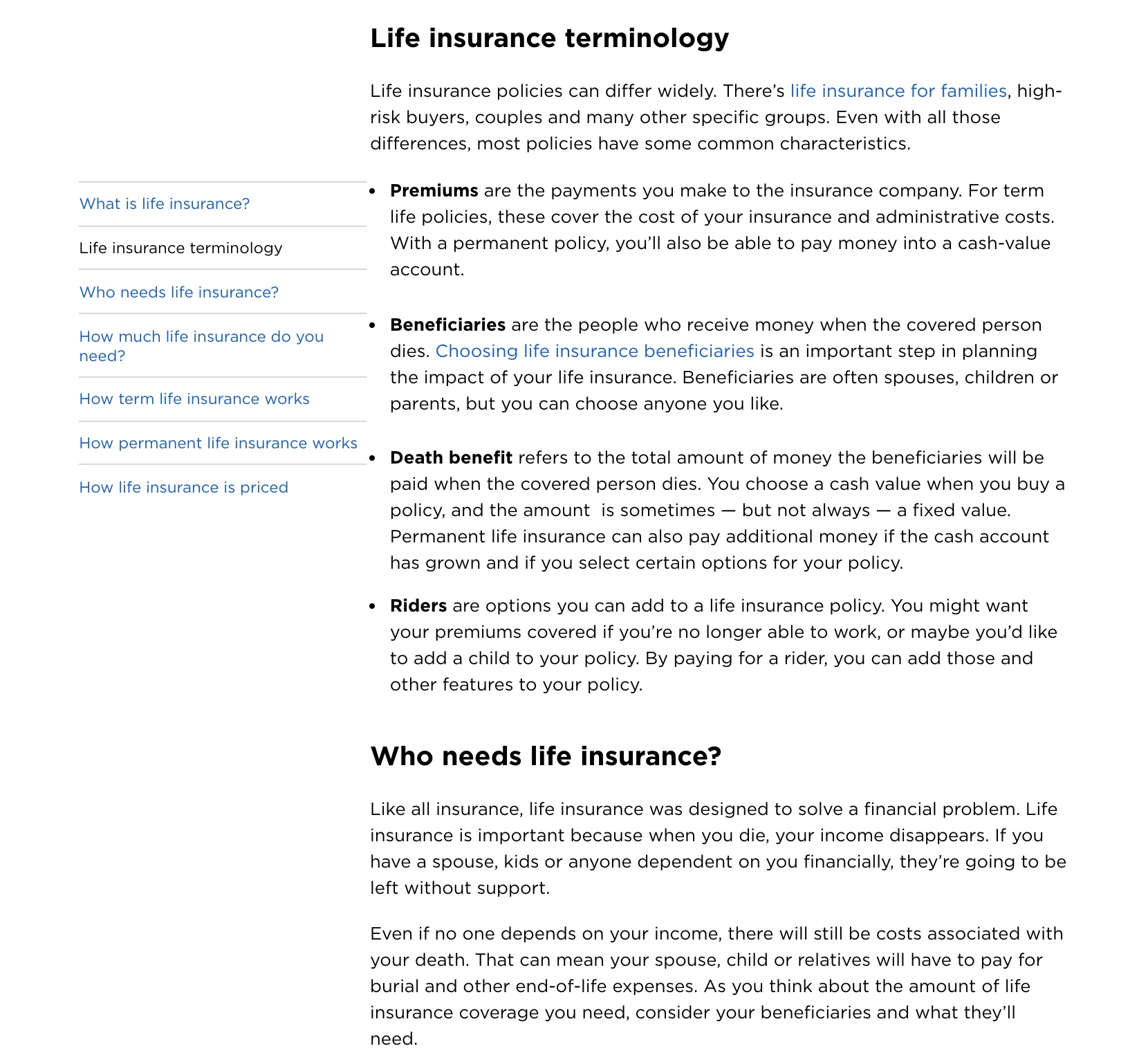 Example of good content structure in a web page about life insurance.