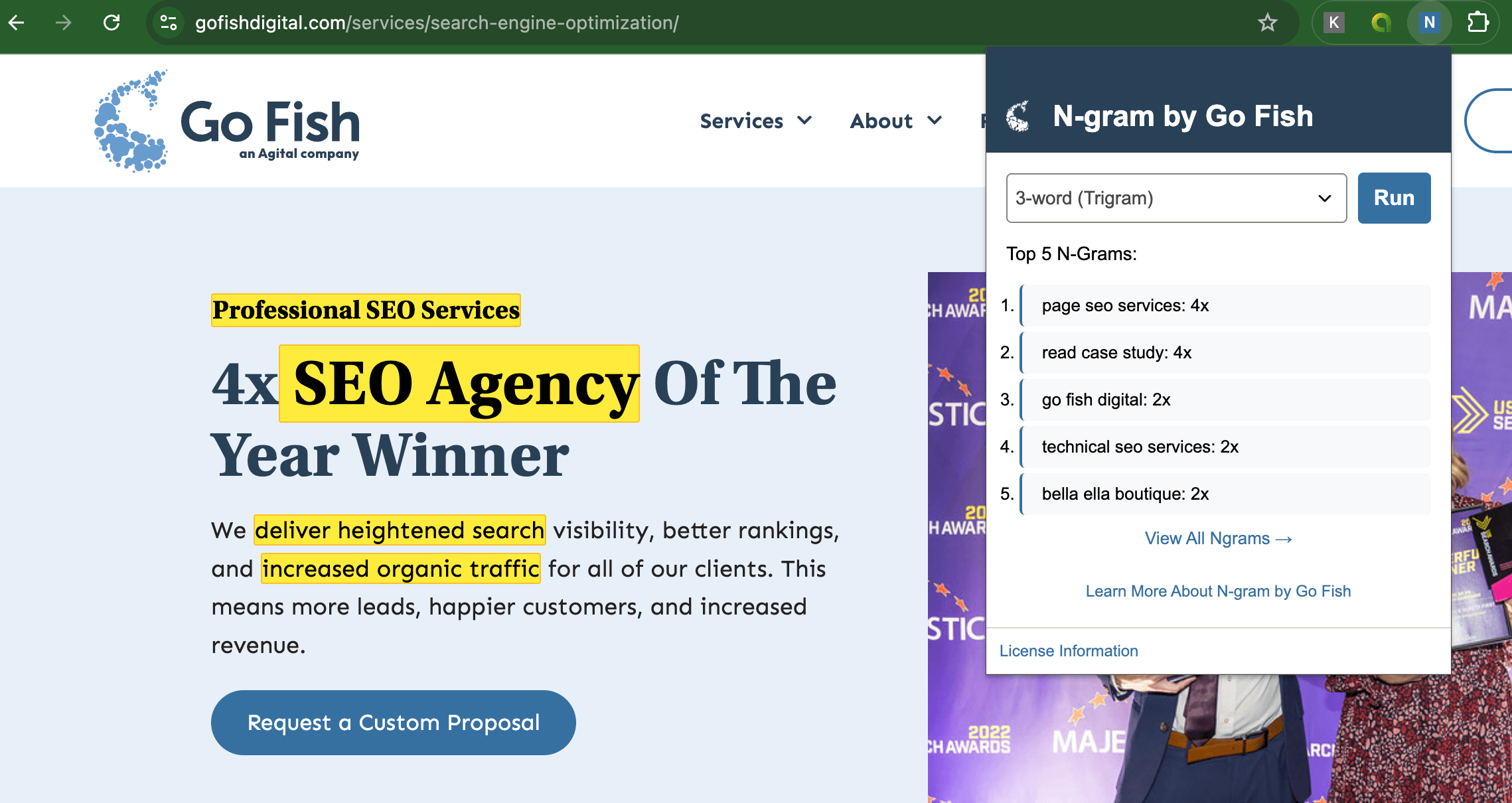 a screenshot of the n-gram by Go Fish chrome extension.